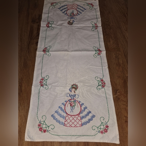 Embroidered Table Runner Dresser Scarf with Floral and Lady Design - Picture 1 of 2